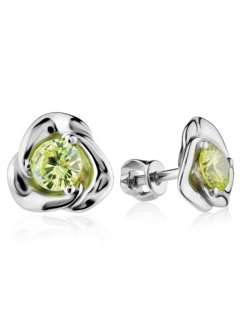 Silver Floral Studs With Light Green Crystals The Aurora, image 