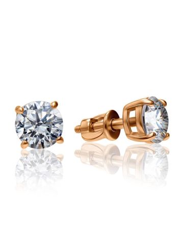 Classic Golden Stud Earrings With white Crystals, image 