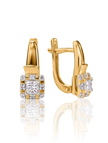 Stylish Golden Earrings With White Diamonds, image 