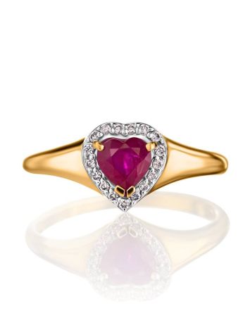 Elegant Golden Ring With Heart Shaped Ruby And Diamonds, Ring Size: 8 / 18, image , picture 3
