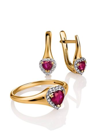 Golden Earrings With Heart Shaped Ruby And Diamonds, image , picture 4