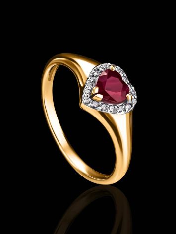 Elegant Golden Ring With Heart Shaped Ruby And Diamonds, Ring Size: 8 / 18, image , picture 2