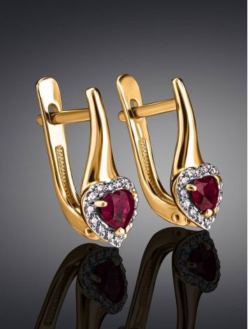 Golden Earrings With Heart Shaped Ruby And Diamonds, image , picture 2
