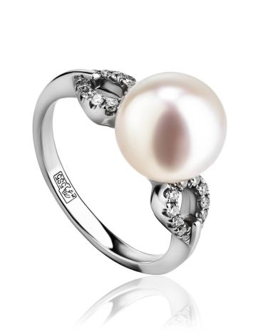 Chic White Gold Ring With Cultured Pearl And Diamonds The Serene, Ring Size: 6 / 16.5, image 