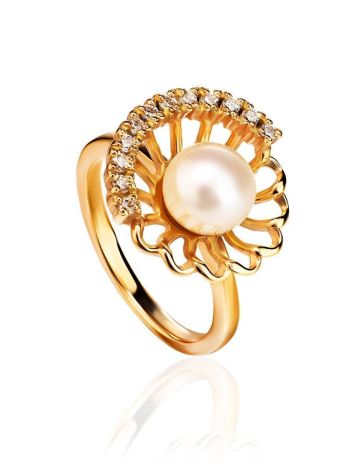 Gold-Plated Floral Ring With Cultured Pearl Centerpiece And Crystals The Serene, Ring Size: 7 / 17.5, image 