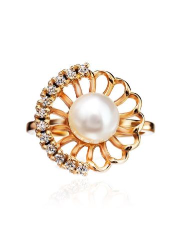 Gold-Plated Floral Ring With Cultured Pearl Centerpiece And Crystals The Serene, Ring Size: 7 / 17.5, image , picture 4
