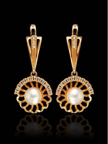 Gold-Plated Floral Dangles With Cultivated Pearl And Crystals The Serene, image , picture 2