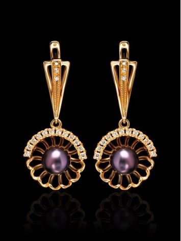 Gold-Plated Floral Dangles With Deep Purple Cultured Pearls And Crystals The Serene, image , picture 2