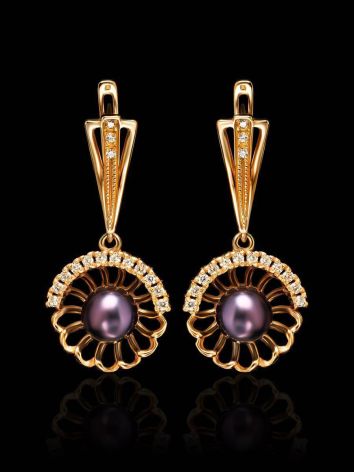Gold-Plated Floral Dangles With Deep Purple Cultured Pearls And Crystals The Serene, image , picture 2