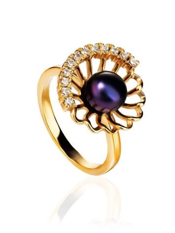 Gold-Plated Floral Ring With Deep Purple Cultured Pearl And Crystals The Serene, Ring Size: 8 / 18, image 