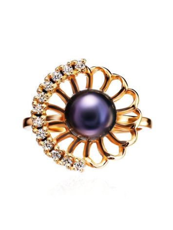 Gold-Plated Floral Ring With Deep Purple Cultured Pearl And Crystals The Serene, Ring Size: 8 / 18, image , picture 3