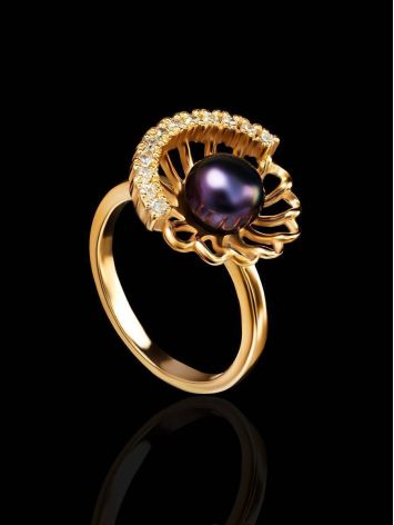 Gold-Plated Floral Ring With Deep Purple Cultured Pearl And Crystals The Serene, Ring Size: 8 / 18, image , picture 2