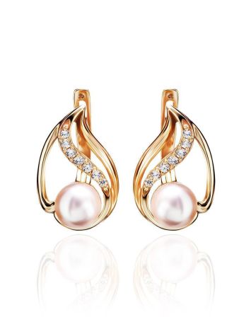 Refined Gold-Plated Earrings With Cultured Pearl And White Crystals The Serene, image 