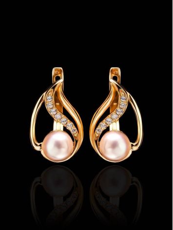 Refined Gold-Plated Earrings With Cultured Pearl And White Crystals The Serene, image , picture 2