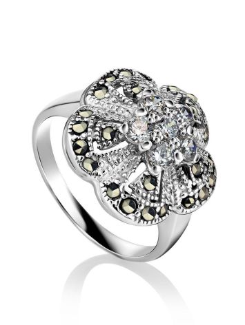 Silver Floral Ring With Crystals And Marcasites The Lace, Ring Size: 7 / 17.5, image 