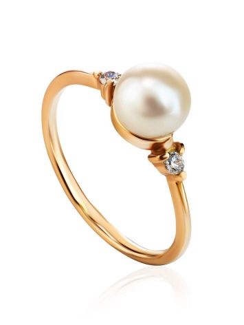 Gold-Plated Ring With Cultured Pearl And Crystals The Themis, Ring Size: 8.5 / 18.5, image 