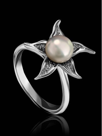 Silver Floral Ring With White Cultured Pearl The Persimmon, Ring Size: 6.5 / 17, image , picture 2