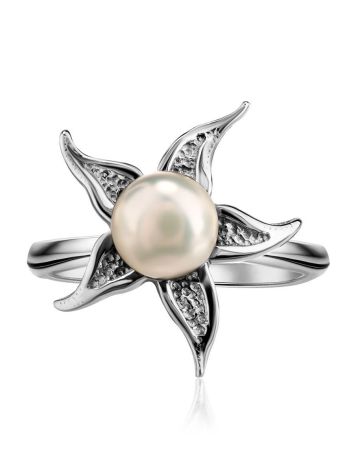 Silver Floral Ring With White Cultured Pearl The Persimmon, Ring Size: 6.5 / 17, image , picture 3
