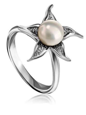 Silver Floral Ring With White Cultured Pearl The Persimmon, Ring Size: 6.5 / 17, image 