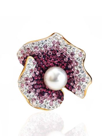 Bold Gold-Plated Floral Ring With Purple Crystals And Cultured Pearl The Jungle, Ring Size: 9.5 / 19.5, image , picture 3
