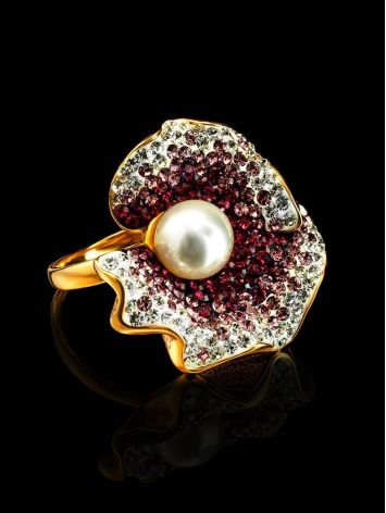 Bold Gold-Plated Floral Ring With Purple Crystals And Cultured Pearl The Jungle, Ring Size: 9.5 / 19.5, image , picture 2