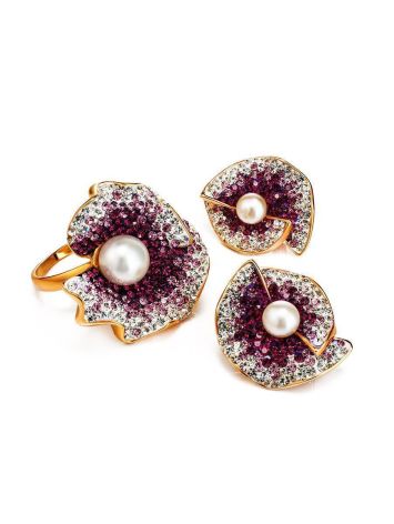 Bold Gold-Plated Floral Ring With Purple Crystals And Cultured Pearl The Jungle, Ring Size: 9.5 / 19.5, image , picture 5