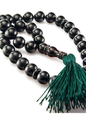 33 Black Amber Muslim Rosary With Green Tassel, image , picture 2