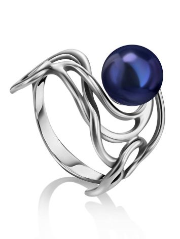Voluptuous Silver Cocktail Ring With Deep Purple Cultured Pearl The Serene, Ring Size: 6 / 16.5, image 