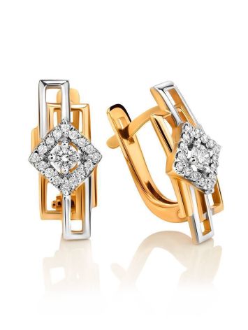 Golden Latch Back Earrings With White Diamonds, image 