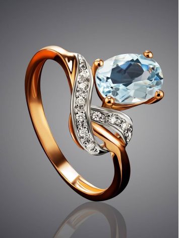 Golden Ring With Aquamarine Centerpiece And Diamonds, Ring Size: 8.5 / 18.5, image , picture 2