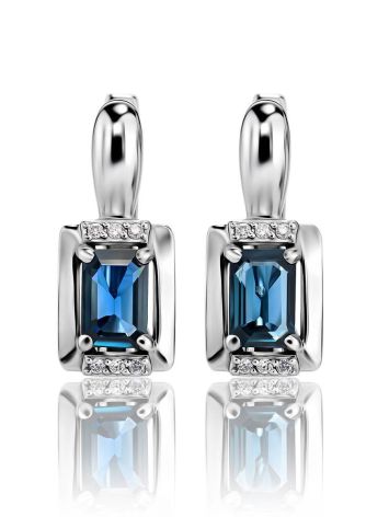 Geometric White Gold Earrings With Sapphire Centerstone And Diamonds The Mermaid, image , picture 3