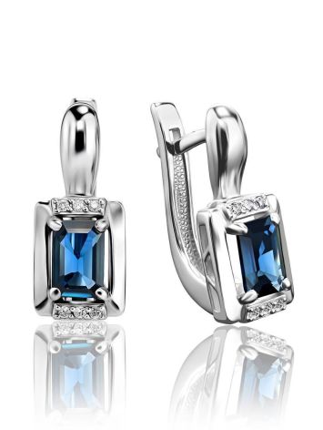Geometric White Gold Earrings With Sapphire Centerstone And Diamonds The Mermaid, image 