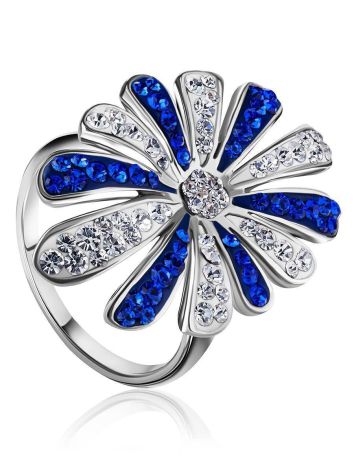Silver Floral Ring With Blue And White Crystals The Eclat, Ring Size: 8 / 18, image 