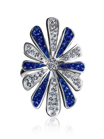 Silver Floral Ring With Blue And White Crystals The Eclat, Ring Size: 8 / 18, image , picture 4