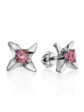 Silver Stud Earrings With Pink Crystals The Aurora, image 
