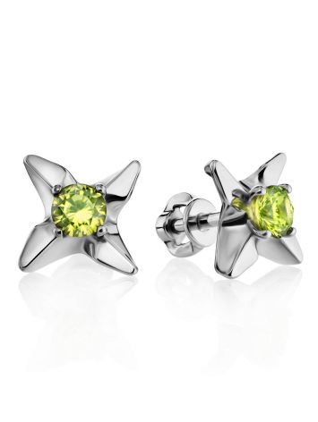 Sterling Silver Stud Earrings With Light Green Crystals The Aurora, image 