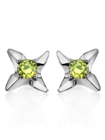 Sterling Silver Stud Earrings With Light Green Crystals The Aurora, image , picture 4