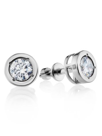 Round Silver Studs With White Crystals The Aurora, image 