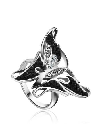 Silver Butterfly Ring With Black And White Crystals The Jungle, Ring Size: 6 / 16.5, image 