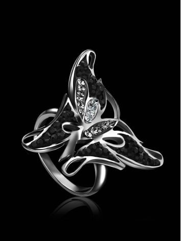 Silver Butterfly Ring With Black And White Crystals The Jungle, Ring Size: 6 / 16.5, image , picture 2