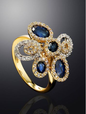 Golden Floral Ring With Sapphires And Diamonds The Mermaid, Ring Size: 6.5 / 17, image , picture 2