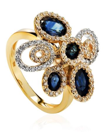 Golden Floral Ring With Sapphires And Diamonds The Mermaid, Ring Size: 6.5 / 17, image 