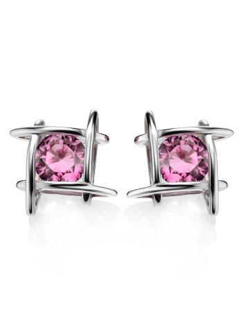 Silver Stud Earrings With Pink Crystals The Aurora, image , picture 3