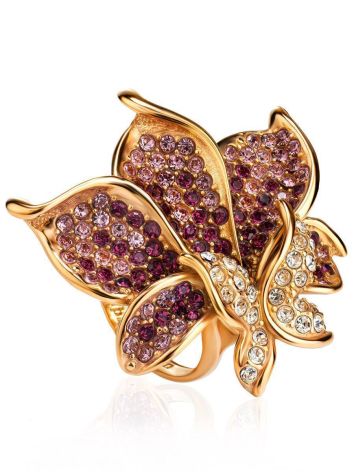 Bold Gold-Plated Cocktail Ring With Pink Crystals The Jungle, Ring Size: 9 / 19, image 
