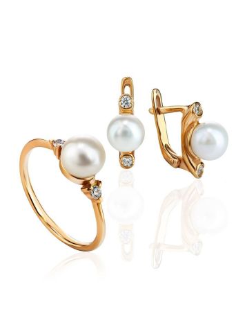 Gold-Plated Ring With Cultured Pearl And Crystals The Themis, Ring Size: 8.5 / 18.5, image , picture 4