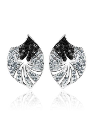 Silver Leaf Shaped Earrings With Black And White Crystals The Jungle, image , picture 3