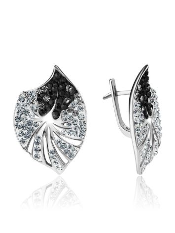 Silver Leaf Shaped Earrings With Black And White Crystals The Jungle, image 