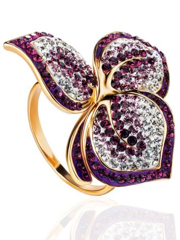Gold Plated Floral Ring With Purple And White Crystals The Jungle, Ring Size: 11.5 / 21, image 