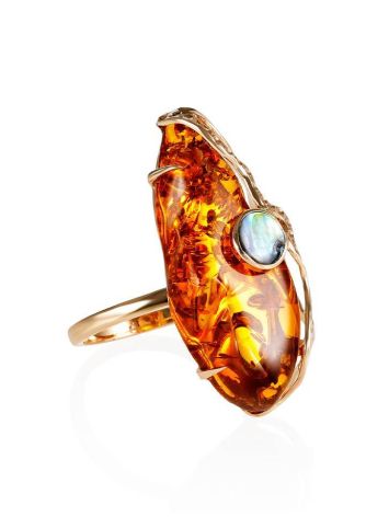 Cognac Amber Golden Cocktail Ring With Nacre The Atlantis, Ring Size: Adjustable, image 
