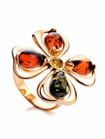 Adjustable Gold-Plated Ring With Multicolor Amber The Shamrock, Ring Size: Adjustable, image 
